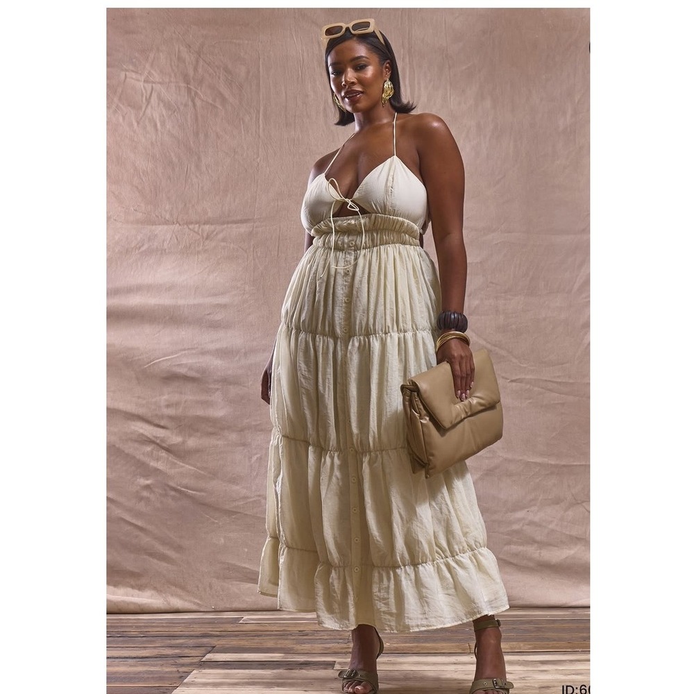 MUSERA cream Tiered Halter Neck Maxi Dress Tie‎ Front Cutout Back Size 2XL
